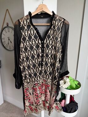 Agha Noor Black Sheer Chiffon Embroidered shirt